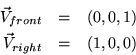 \begin{eqnarray*}
\vec{V}_{front} & = & (0, 0, 1) \\
\vec{V}_{right} & = & (1, 0, 0)
\end{eqnarray*}